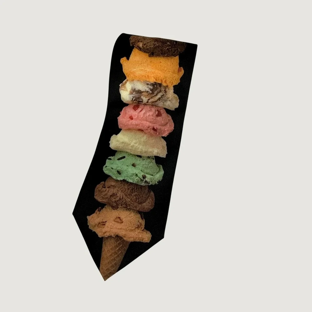 Vintage 1997 Ralph Marlin Ice Cream Novelty Tie USA Dessert Scoops Black Necktie